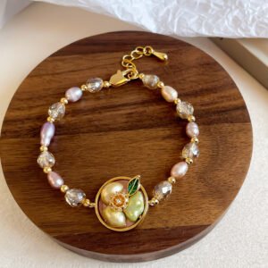 Enamel Camellia Baroque Pearl Bracelet | Gold Plated Crystal Beaded Jewelry
