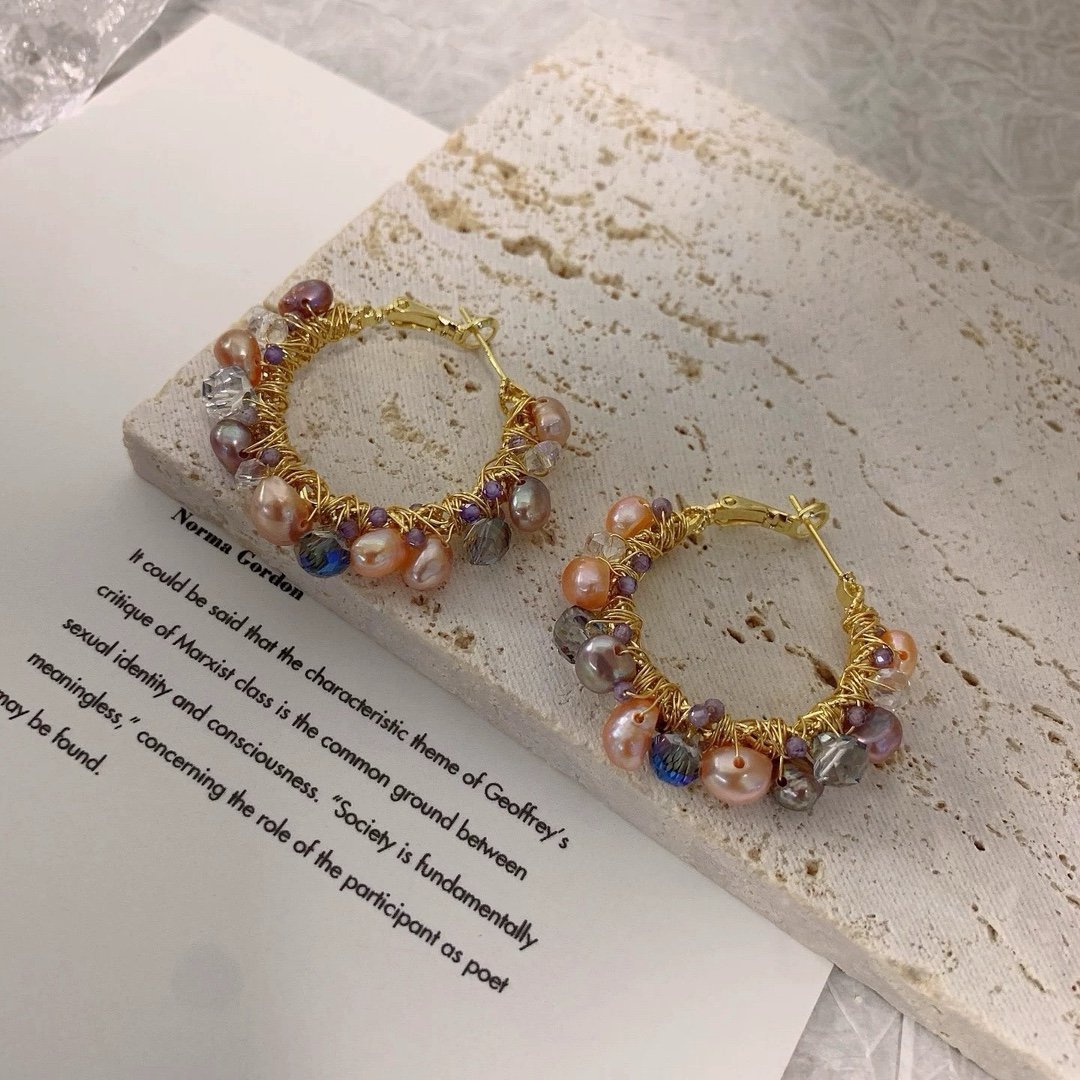 18K Gold Plated Handmade Wire Wrapped Baroque Pearl Hoop Earrings, Multicolor Crystal Beaded Statement Hoops for Women - Image 4