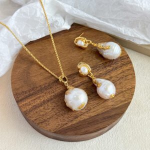 18K Gold Plated Baroque Pearl Jewelry Set, Handmade Gold Wrapped Freshwater Pearl Necklace & Drop Earrings for Women
