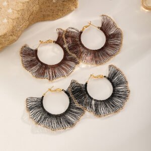 Handmade Crocheted Thread Fan Hoop Earrings, 18K Gold Plated Statement Jewelry
