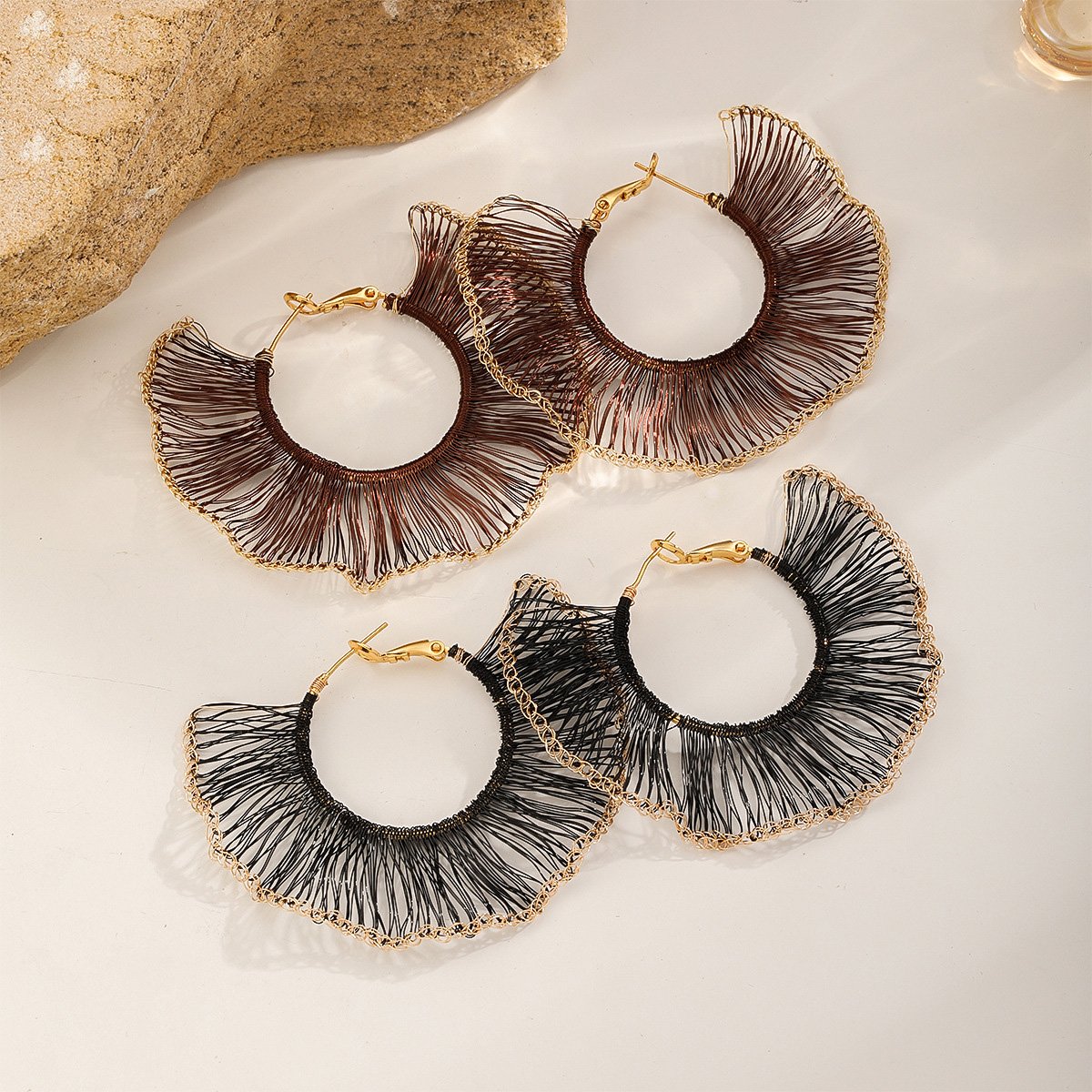 Handmade Crocheted Thread Fan Hoop Earrings, 18K Gold Plated Statement Jewelry