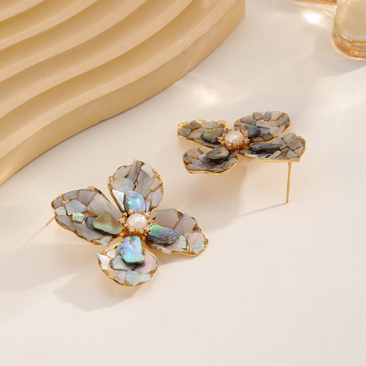 Iridescent Abalone Shell Flower Earrings, 18K Gold Plated Boho Statement Studs - Image 3