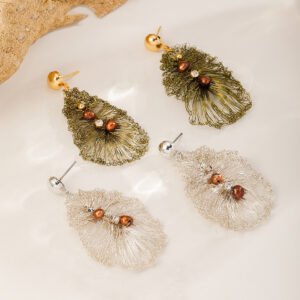 Handmade Crocheted Leaf-Shaped Tassel Earrings | 18K Gold Plated Statement Jewelry
