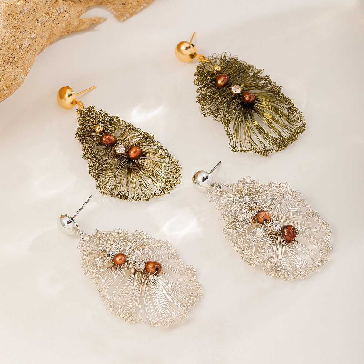 Handmade Crocheted Leaf-Shaped Tassel Earrings | 18K Gold Plated Statement Jewelry