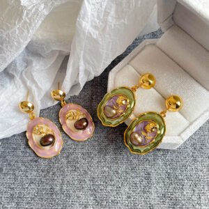 Vintage Rose Enamel Baroque Pearl Drop Earrings