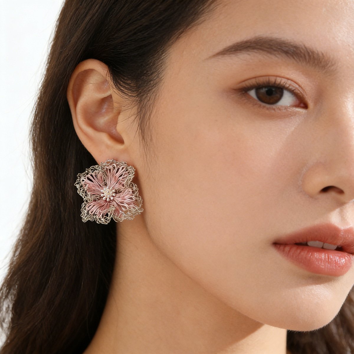 18K Gold Plated Hand Crocheted Lace Flower Earrings, Lightweight Openwork Studs