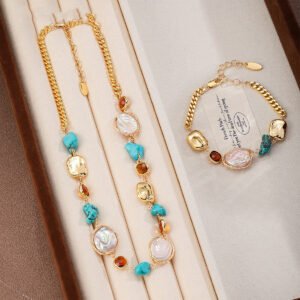 Bohemian Baroque Pearl & Turquoise Jewelry Set, 18K Gold Plated Matching Necklace & Bracelet
