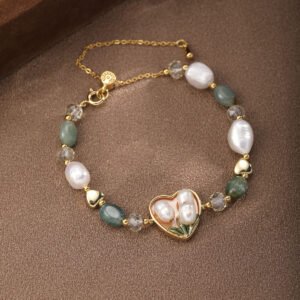 Delicate Tulip Heart Beaded Bracelet, 18K Gold Plated Baroque Pearl & Crystal Jewelry