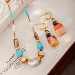 Bohemian Turquoise & Baroque Pearl Jewelry Set, 18K Gold Plated Matching Necklace & Earrings