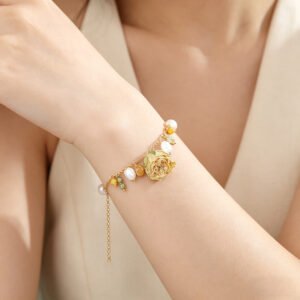 Dried Real Rose Baroque Pearl Bracelet | 18K Gold Plated Preserved Flower Jewelry