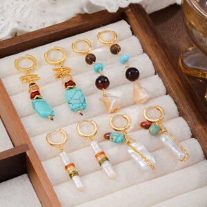 Boho Mix-and-Match Stone Huggie Earrings Set | 18K Gold Plated Turquoise & Crystal Drop Hoops