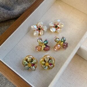 Vintage Flower Enamel Stud Earrings | Baroque Pearl Flower Earrings
