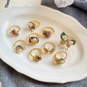 Vintage Enamel Baroque Pearl Stackable Rings | Gold-Plated Floral & Butterfly Adjustable Rings