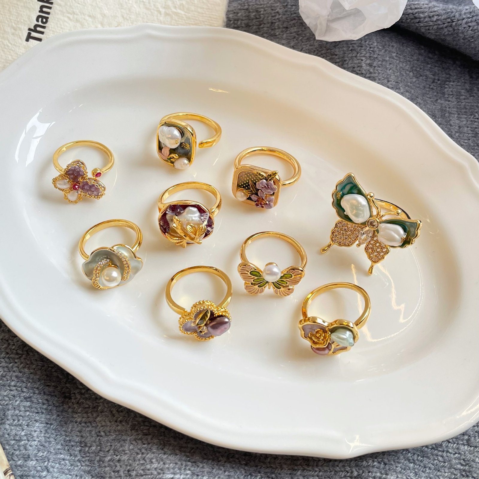 Vintage Enamel Baroque Pearl Stackable Rings | Gold-Plated Floral & Butterfly Adjustable Rings
