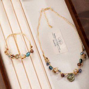 Boho Multicolor Baroque Pearl & Gemstone Jewelry Set | Gold-Plated Necklace & Bracelet