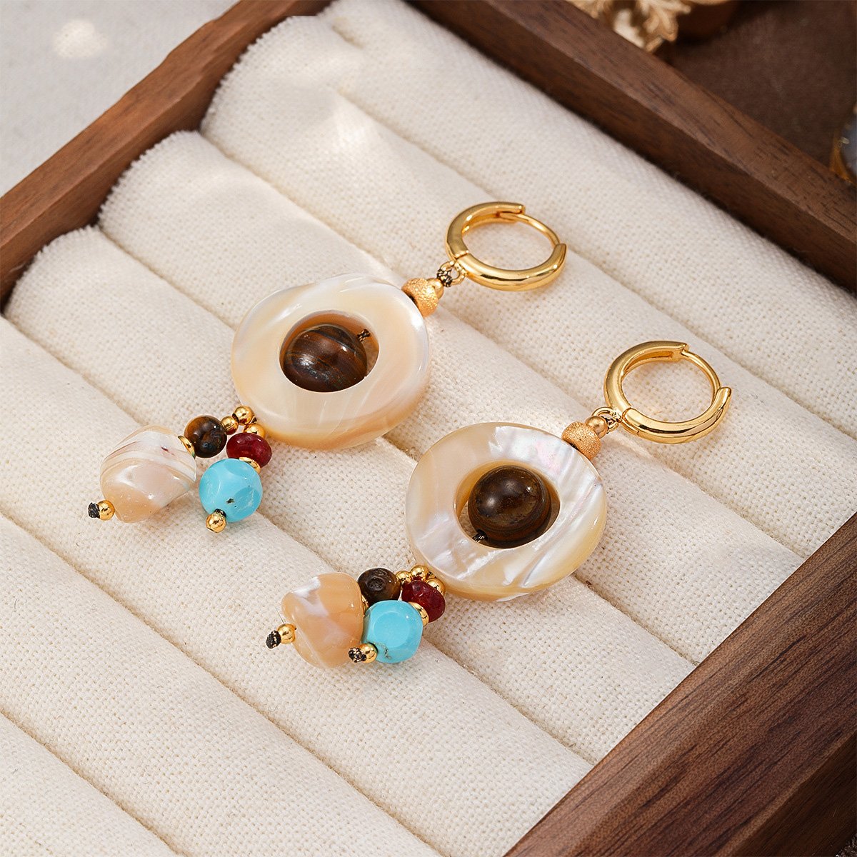 Boho Shell & Turquoise Bead Drop Earrings | Gold-Plated Earthy Tone Dangle Hoops - Image 3