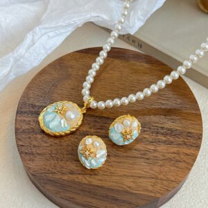 Ocean Star Enamel Pearl Jewelry Set | Gold-Plated Necklace & Stud Earrings