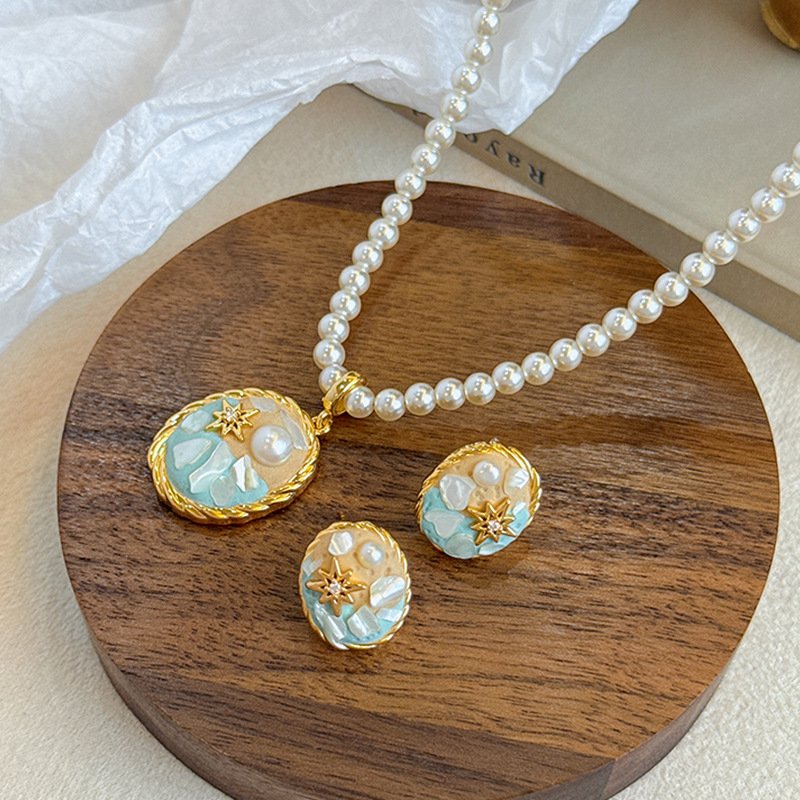 Ocean Star Enamel Pearl Jewelry Set | Gold-Plated Necklace & Stud Earrings