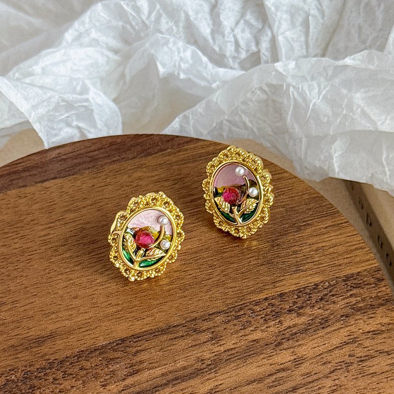 Vintage Rose Enamel Pearl Jewelry Set | Gold-Plated Necklace & Stud Earrings - Image 5