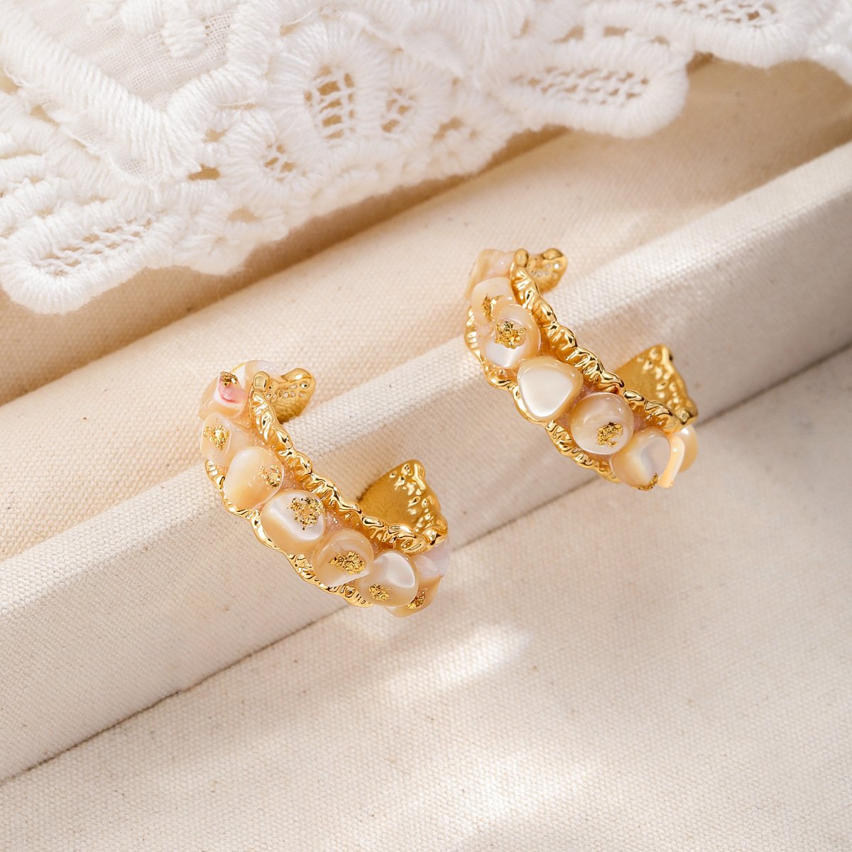 18K Gold Plated White Shell C-Shaped Hoop Earrings, Vintage Textured Half Hoop Stud Earrings for Women - Image 2