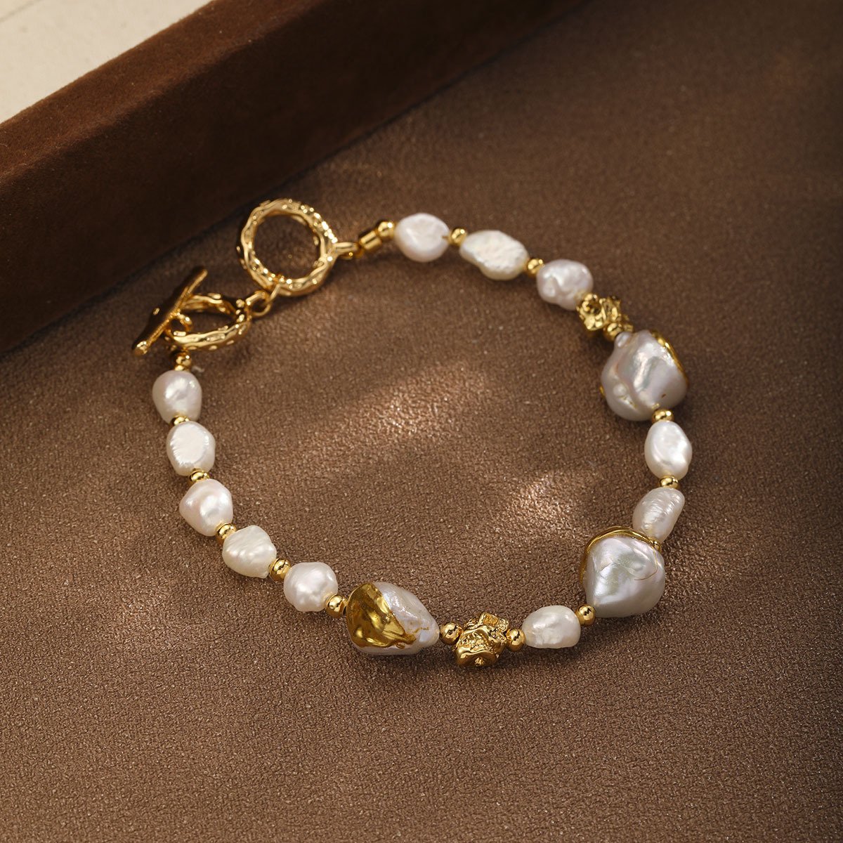 18K Gold Plated Baroque Pearl Toggle Bracelet, Handmade Irregular Pearl Beaded Bracelet for Women - Image 2