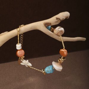 18K Gold Plated Bohemian Shell & Turquoise Beaded Bracelet, Adjustable Tropical Beach Charm Bracelet for Women