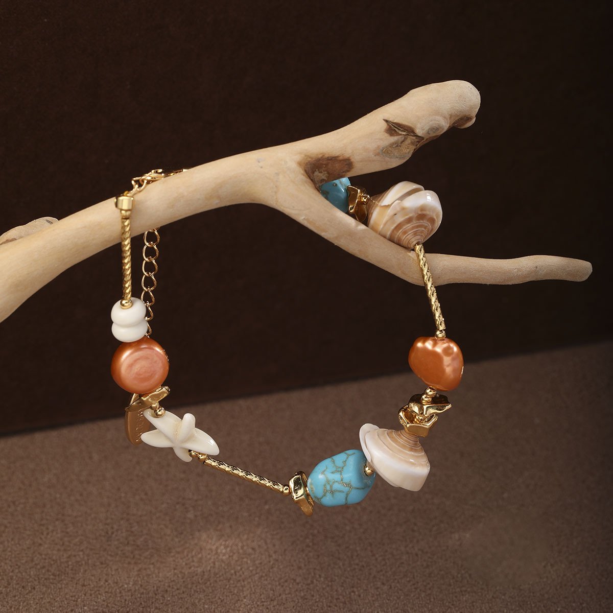 18K Gold Plated Bohemian Shell & Turquoise Beaded Bracelet, Adjustable Tropical Beach Charm Bracelet for Women