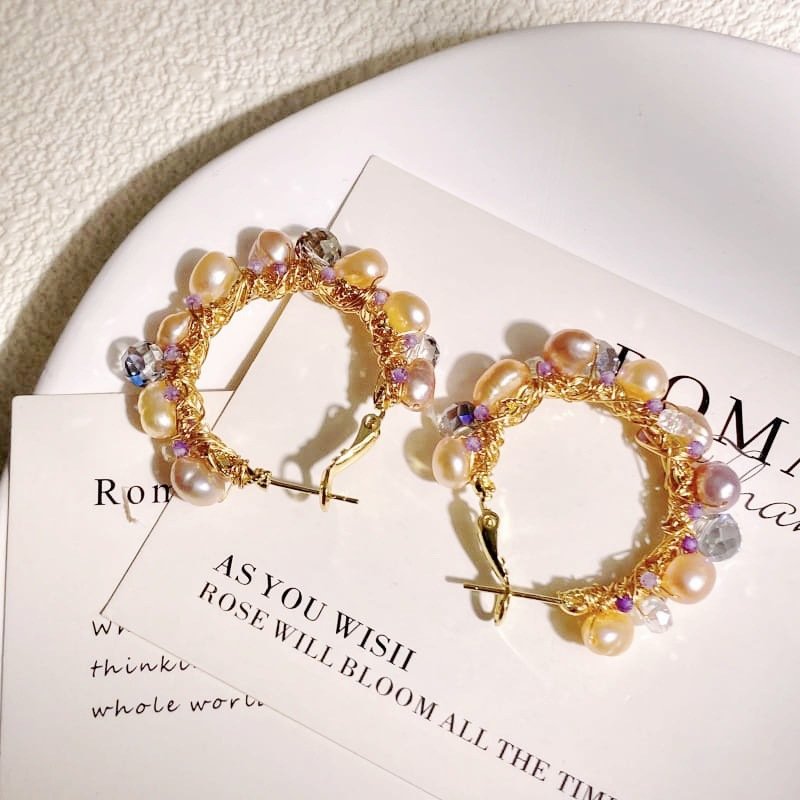 18K Gold Plated Handmade Wire Wrapped Baroque Pearl Hoop Earrings, Multicolor Crystal Beaded Statement Hoops for Women