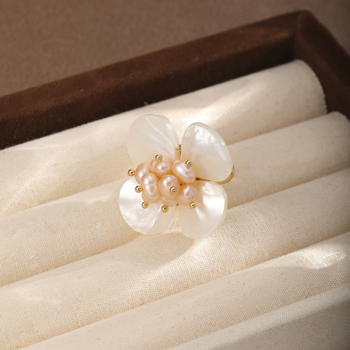 18K Gold Plated Mother of Pearl Flower Adjustable Ring, Baroque Pearl Floral Statement Ring for Women - Image 3