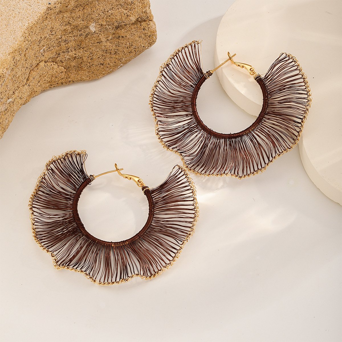 Handmade Crocheted Thread Fan Hoop Earrings, 18K Gold Plated Statement Jewelry - Image 2