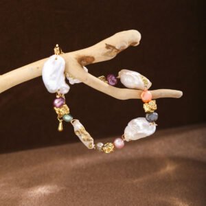 Vintage-inspired 18K Gold Plated Baroque Pearl Bracelet with Gold Foil Accents