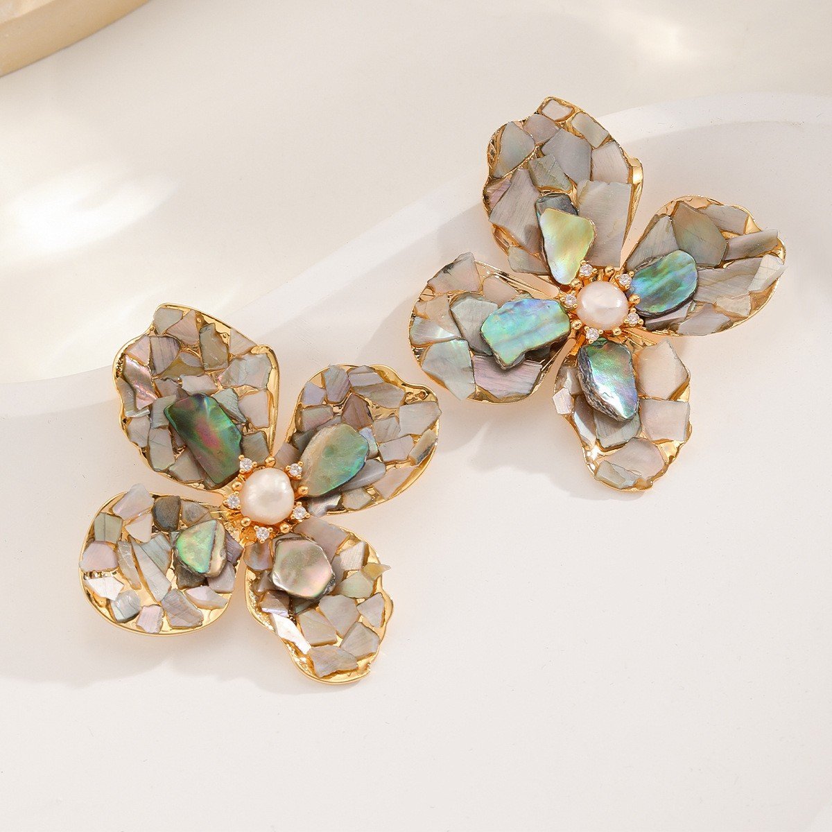 Iridescent Abalone Shell Flower Earrings, 18K Gold Plated Boho Statement Studs - Image 4