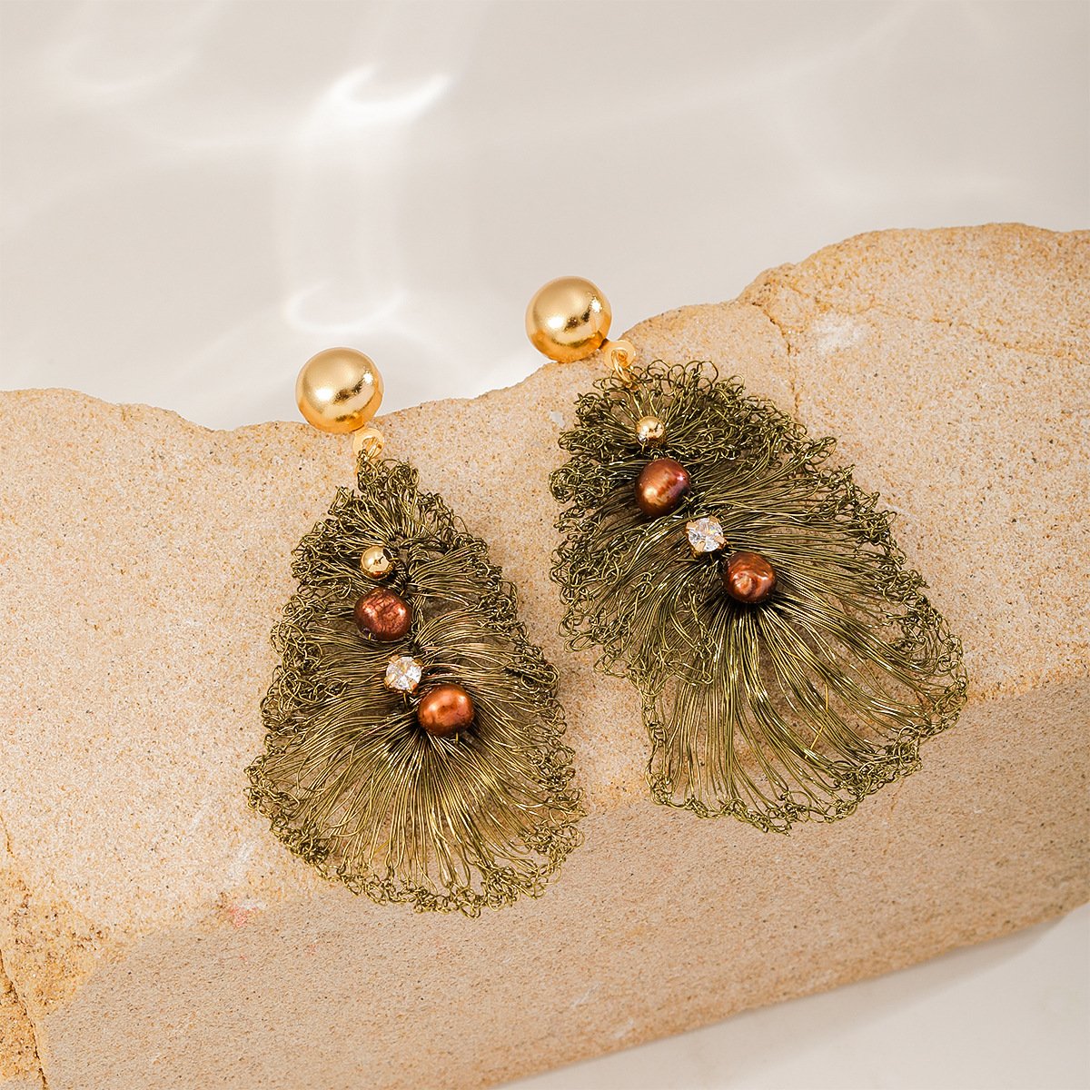 Handmade Crocheted Leaf-Shaped Tassel Earrings | 18K Gold Plated Statement Jewelry - Image 2