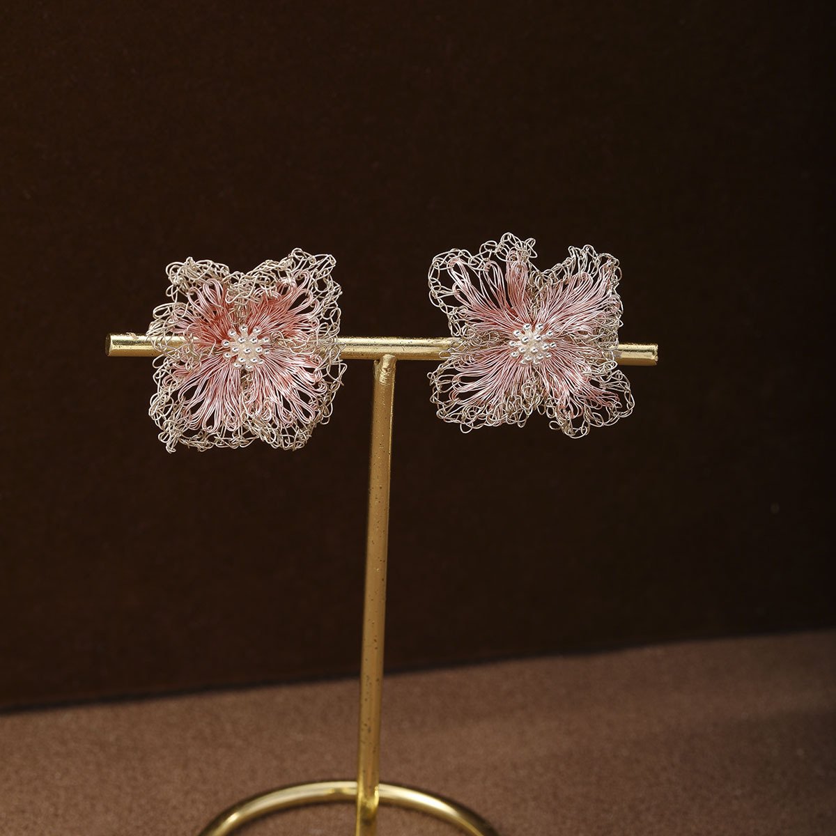 18K Gold Plated Hand Crocheted Lace Flower Earrings, Lightweight Openwork Studs - Image 4