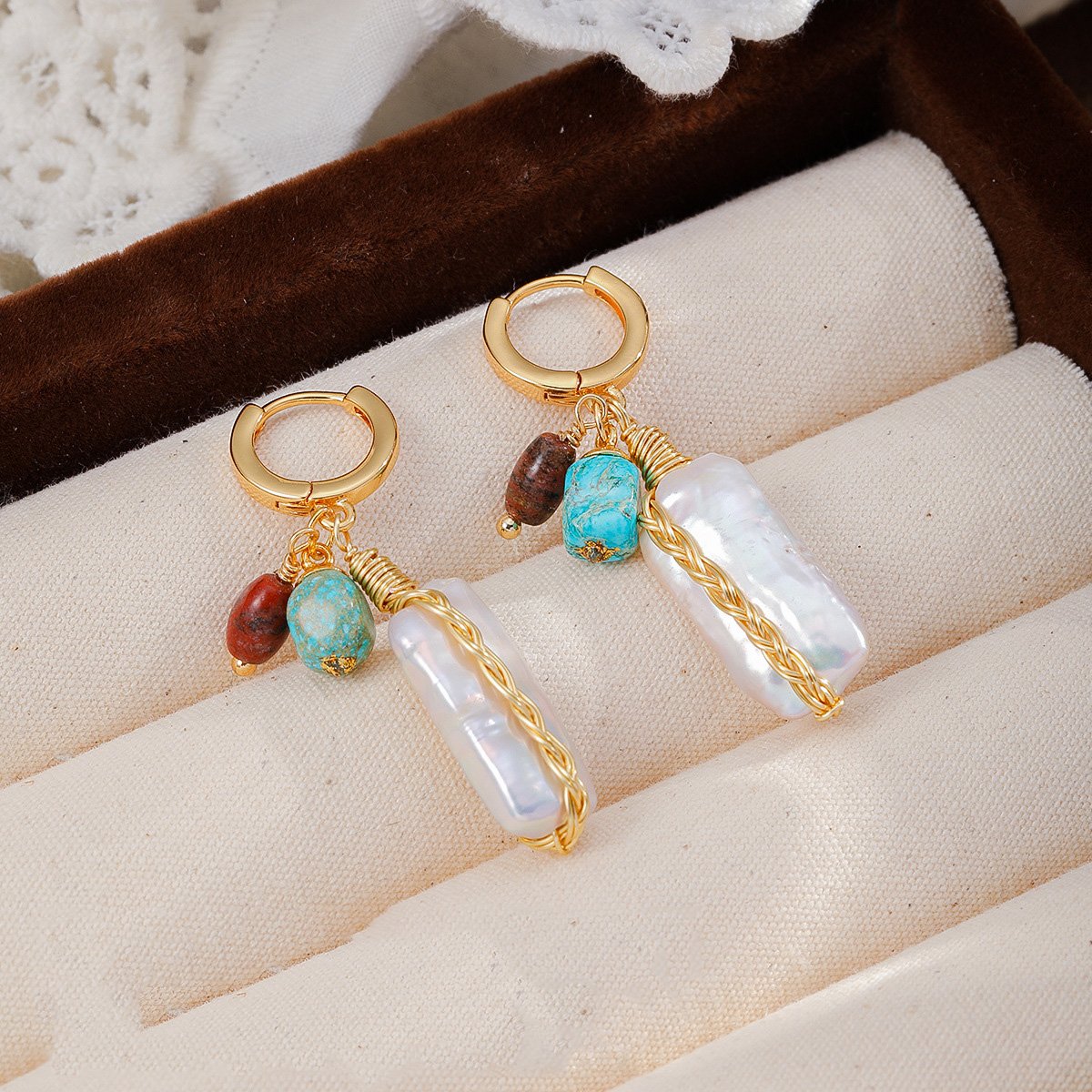 Boho Mix-and-Match Stone Huggie Earrings Set | 18K Gold Plated Turquoise & Crystal Drop Hoops - Image 3