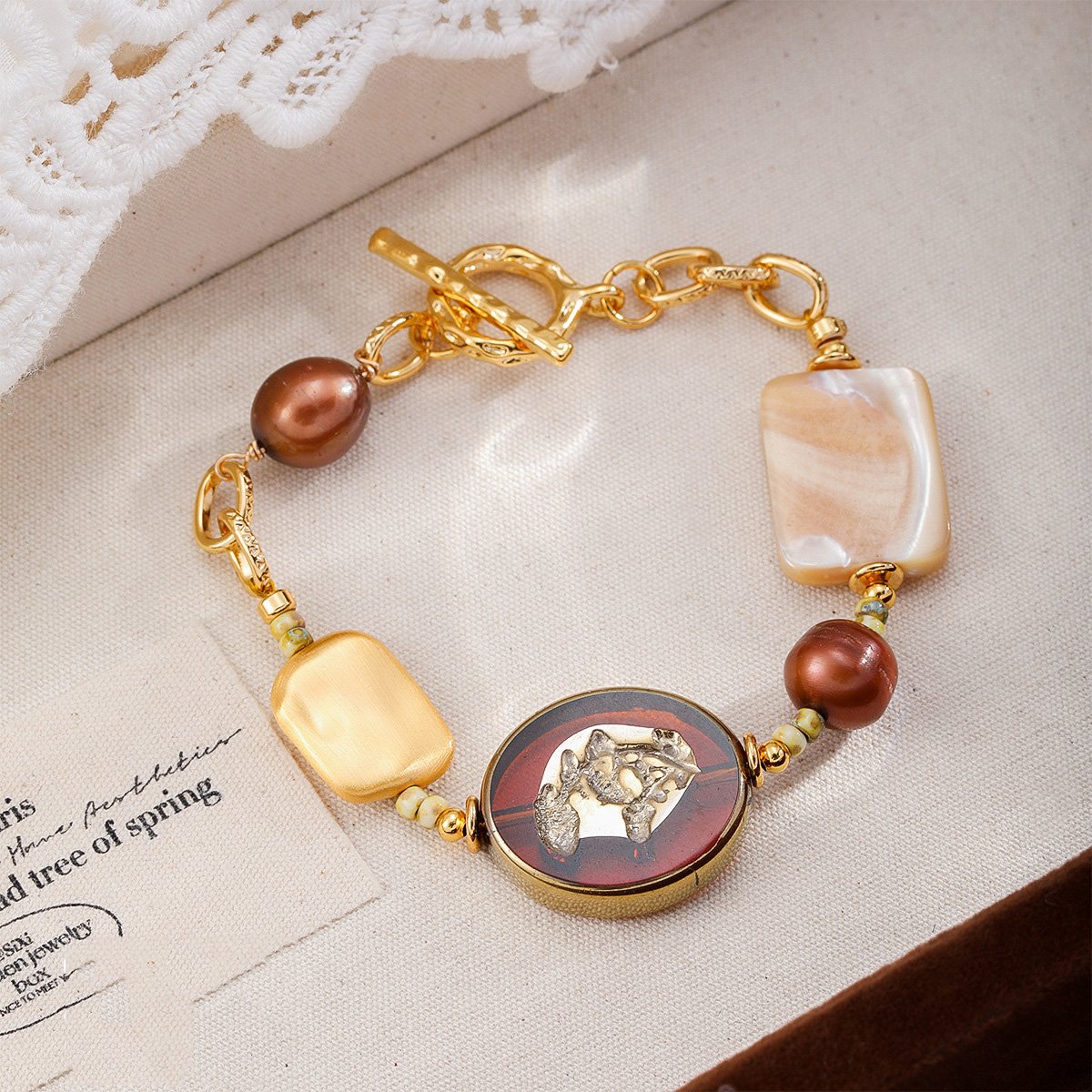 Vintage Cameo & Shell Beaded Jewelry Set | 18K Gold Plated Necklace & Bracelet - Image 4