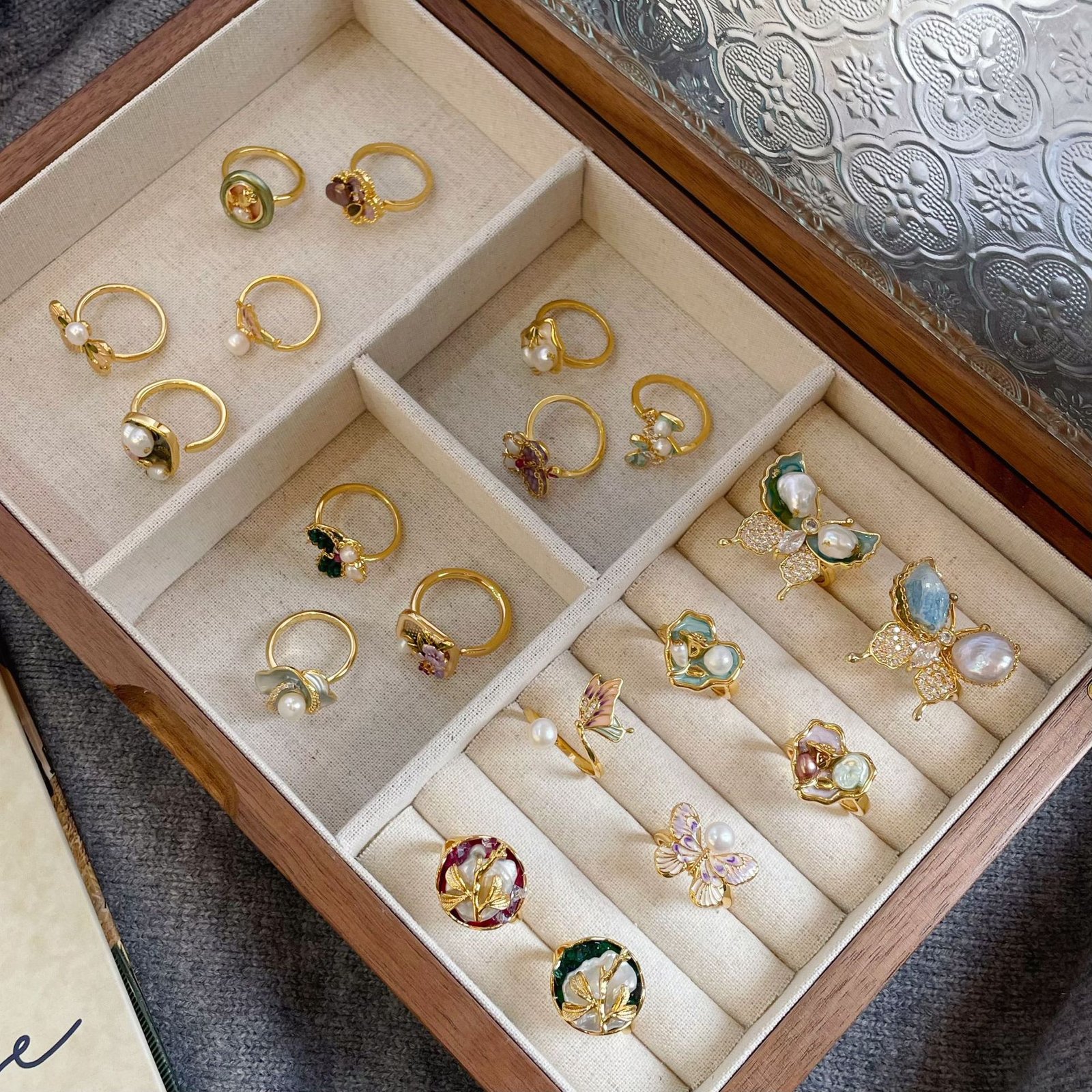 Vintage Enamel Baroque Pearl Stackable Rings | Gold-Plated Floral & Butterfly Adjustable Rings - Image 2