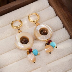 Boho Shell & Turquoise Bead Drop Earrings | Gold-Plated Earthy Tone Dangle Hoops