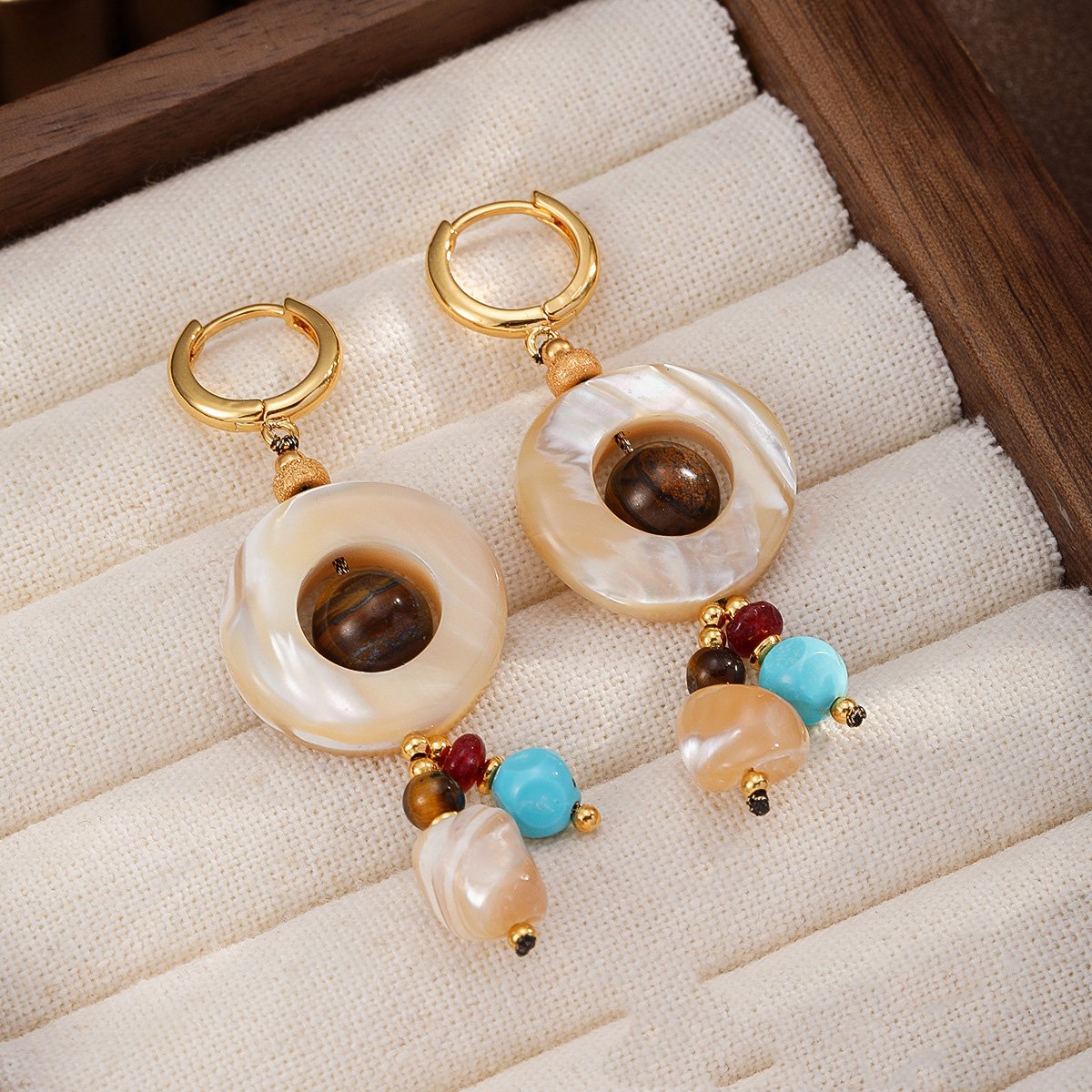 Boho Shell & Turquoise Bead Drop Earrings | Gold-Plated Earthy Tone Dangle Hoops