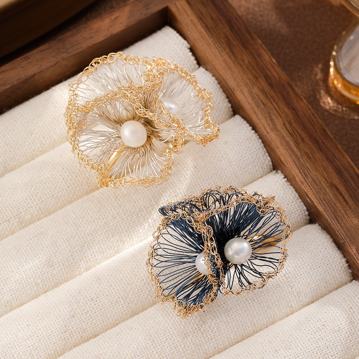 Hand-Woven Wire Flower Pearl Earrings | Gold-Plated Dainty Statement Studs - Image 4