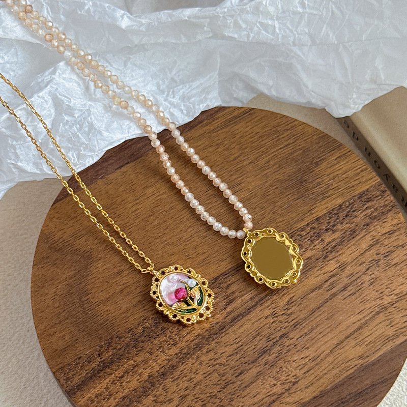 Vintage Rose Enamel Pearl Jewelry Set | Gold-Plated Necklace & Stud Earrings - Image 3