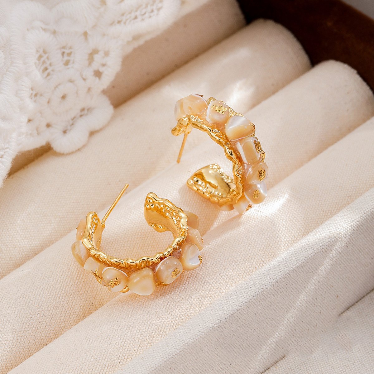 18K Gold Plated White Shell C-Shaped Hoop Earrings, Vintage Textured Half Hoop Stud Earrings for Women - Image 3