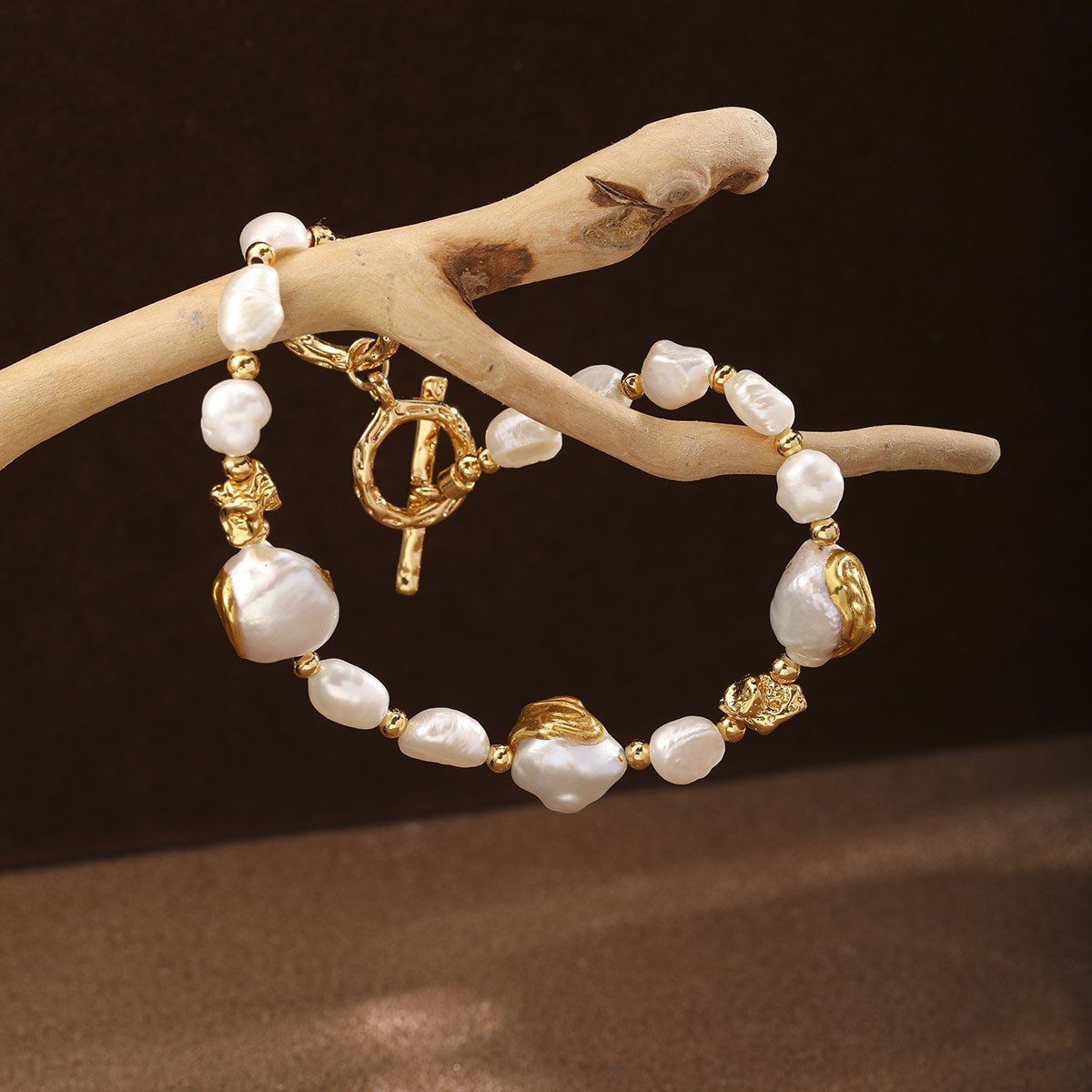 18K Gold Plated Baroque Pearl Toggle Bracelet, Handmade Irregular Pearl Beaded Bracelet for Women