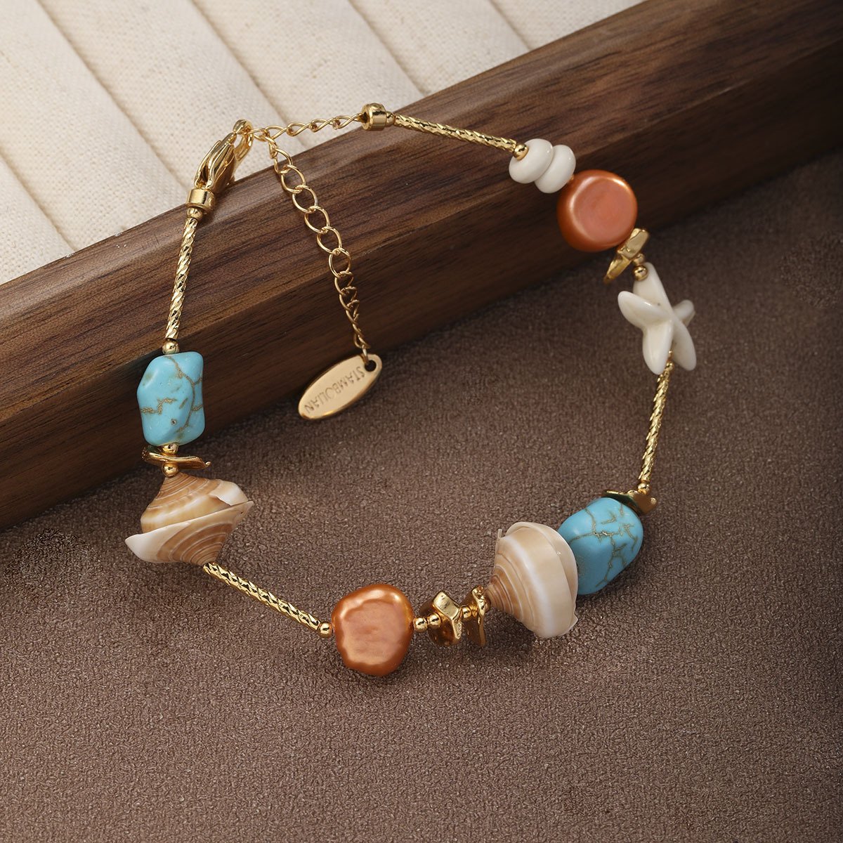 18K Gold Plated Bohemian Shell & Turquoise Beaded Bracelet, Adjustable Tropical Beach Charm Bracelet for Women - Image 3
