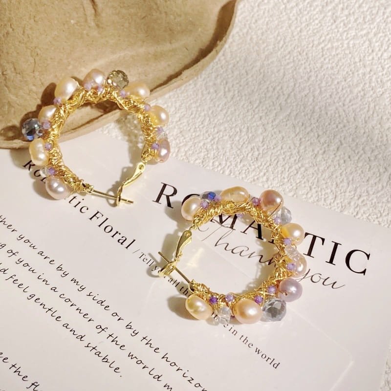 18K Gold Plated Handmade Wire Wrapped Baroque Pearl Hoop Earrings, Multicolor Crystal Beaded Statement Hoops for Women - Image 2