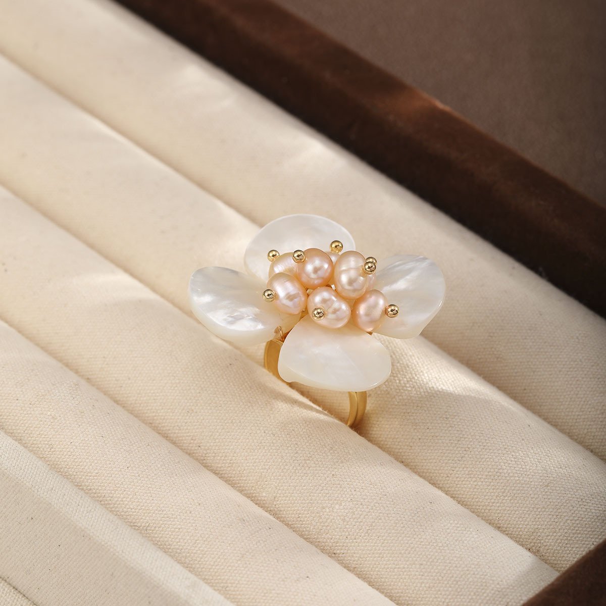 18K Gold Plated Mother of Pearl Flower Adjustable Ring, Baroque Pearl Floral Statement Ring for Women - Image 4
