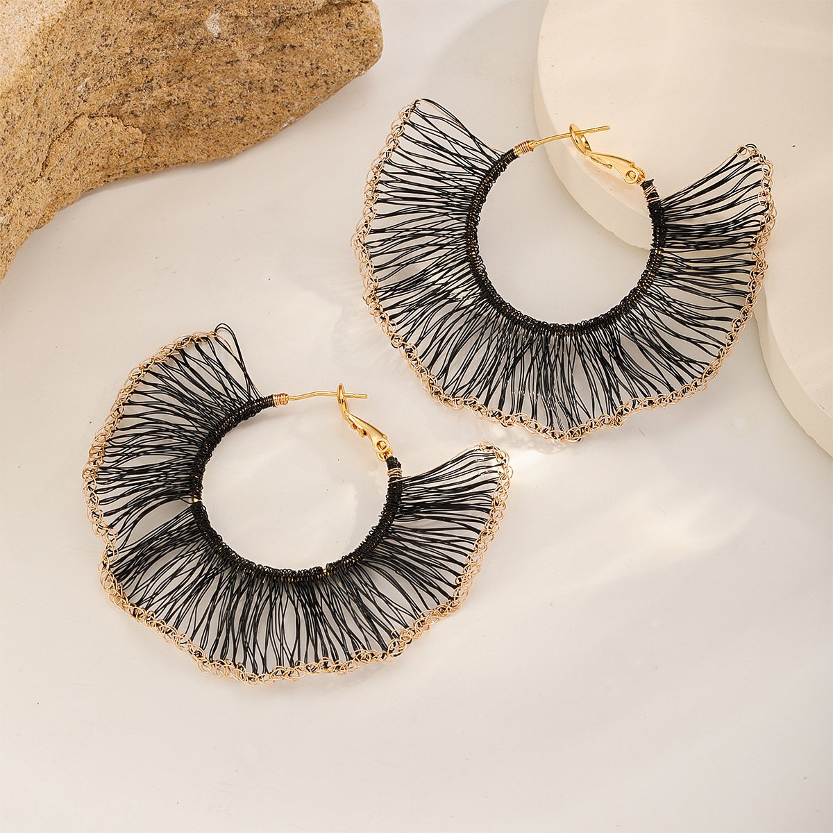 Handmade Crocheted Thread Fan Hoop Earrings, 18K Gold Plated Statement Jewelry - Image 3