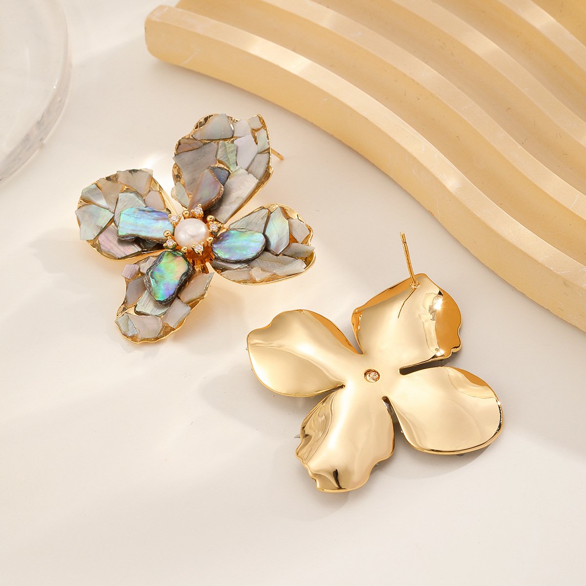 Iridescent Abalone Shell Flower Earrings, 18K Gold Plated Boho Statement Studs - Image 5