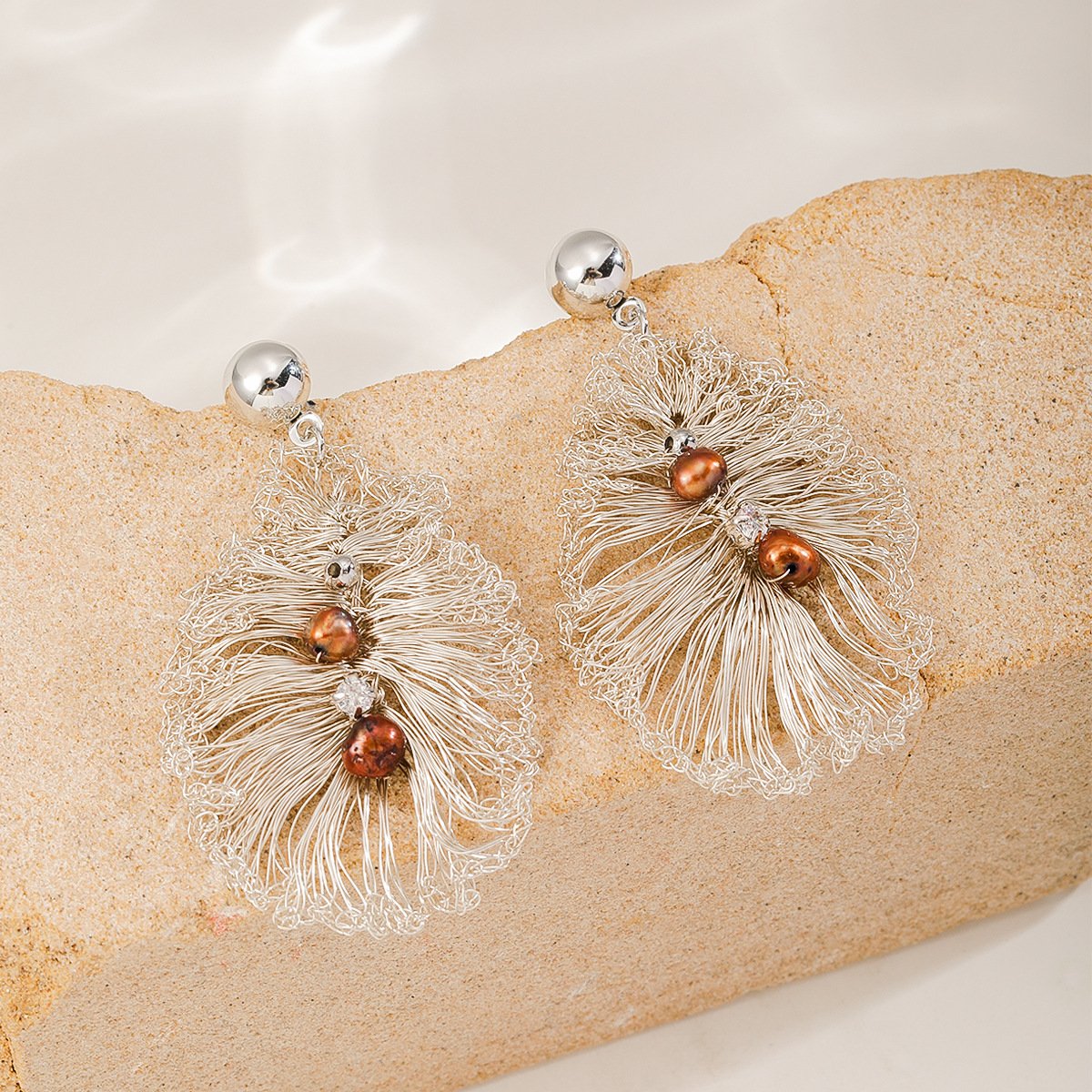Handmade Crocheted Leaf-Shaped Tassel Earrings | 18K Gold Plated Statement Jewelry - Image 4