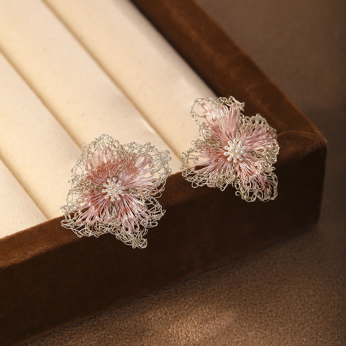 18K Gold Plated Hand Crocheted Lace Flower Earrings, Lightweight Openwork Studs - Image 2
